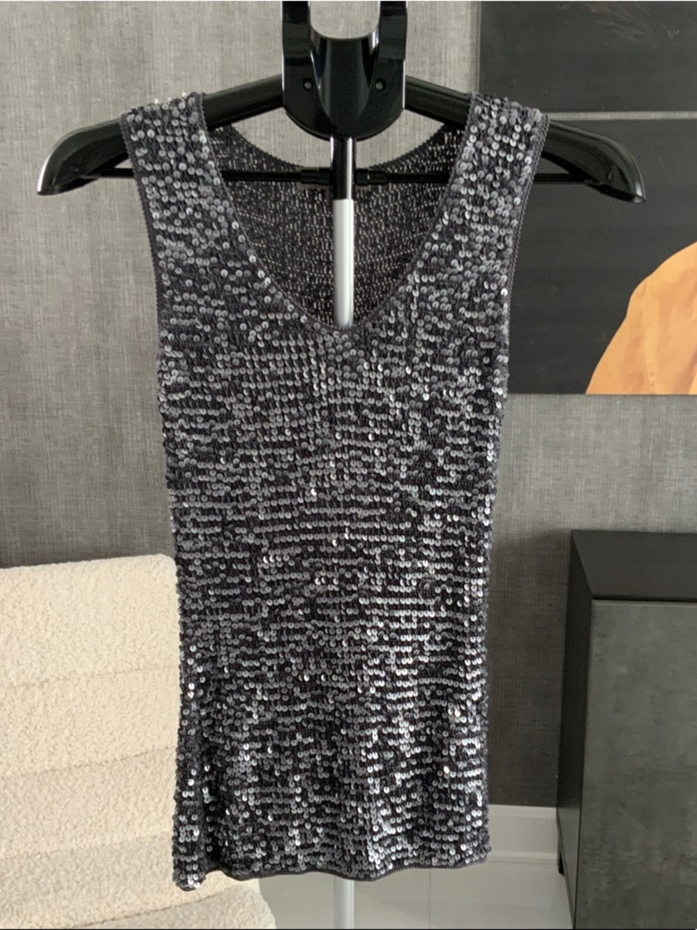 Ken Sequin V-Neck Tank Top - Silver S